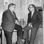 Dr. Robert Struthers, Kenais third resident physician, and Kenai dentist Dr. Charles Bailie converse in Struthers office in Kenai in July 1966. (Photo courtesy of Gloria Wisecarver)