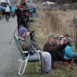 Birders check out shorebirds on the outgoing tide on Saturday, May 8, 2021, at Mud Bay on the Homer Spit in Homer, Alaska. (Photo by Michael Armstrong/Homer News)