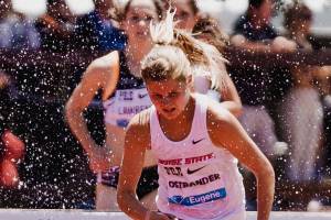 Boise States Allie Ostrander competes in the womens 3,000-meter steeplechase final June 30 at the Prefontaine Classic at Stanford University in California. (Photo taken by Cortney White)