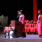 KCHS valedictorians Abigail Moffett and Owen Rolph speak at KCHS graduation ceremony on Monday, May 17 in Kenai, Alaska. (Ashlyn OHara/Peninsula Clarion)