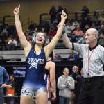 Soldotnas Trinity Donovan is crowned the champion of the girls 145-pound division Saturday, Dec. 21, 2019, at the ASAA State Wrestling Championships at the Alaska Airlines Center in Anchorage, Alaska. (Photo by Joey Klecka/Peninsula Clarion)
