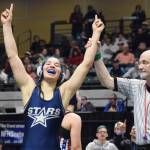 Soldotna's Trinity Donovan is crowned the champion of the girls 145-pound division Saturday, Dec. 21, 2019, at the ASAA State Wrestling Championships at the Alaska Airlines Center in Anchorage, Alaska. (Photo by Joey Klecka/Peninsula Clarion)