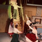 From left: Jayni Parish, Alyeska Krull, Selia Butler, Brittany Gilman and Braeden Garrett (center) act onstage as their characters the March sisters and Theodore Laurie Lawrence in the Kenai Performers production of Little Women, which debuts on Thursday, May 20, 2021. (Photo provided)