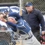 Soldotna catcher Gavin Jones records an out Wednesday, May 19, 2021, against Kenai Central at the Kenai Little League fields in Kenai, Alaska. (Photo by Jeff Helminiak/Peninsula Clarion)