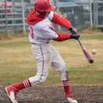 Kenai Centrals Owen Whicker hits against Soldotna on Wednesday, May 19, 2021, at the Kenai Little League fields in Kenai, Alaska. (Photo by Jeff Helminiak/Peninsula Clarion)