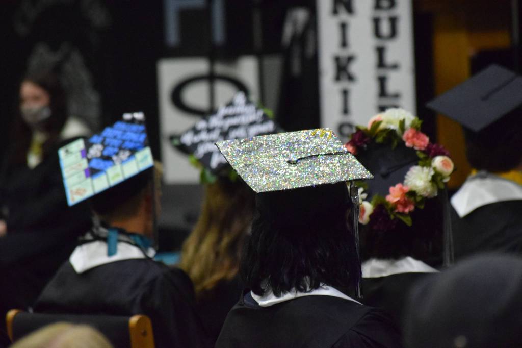 Seniors at Nikiski Middle/High School celebrate their graduation on Wednesday, May 19, 2021 in the gymnasium. (Camille Botello / Peninsula Clarion)