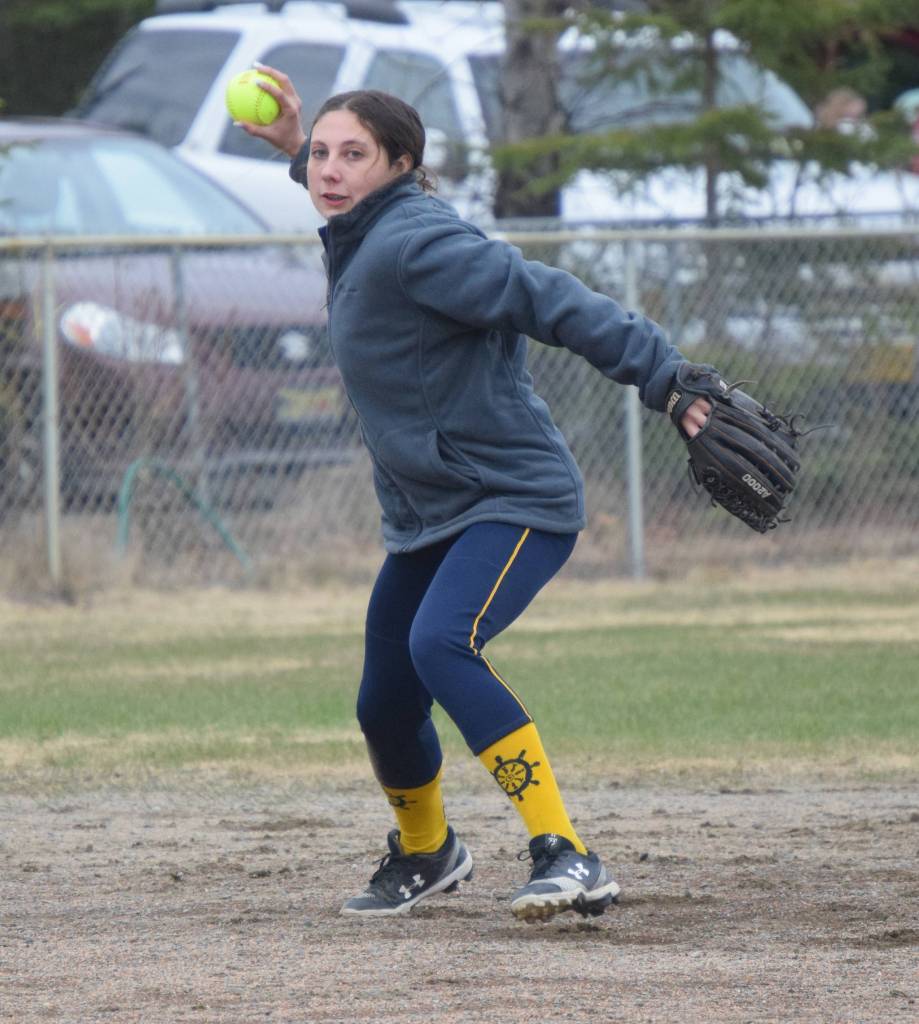 Homer shortstop Hannah Hatfield throws to first Thursday, May 20, 2021, against Soldotna in Soldotna, Alaska. (Photo by Jeff Helminiak/Peninsula Clarion)