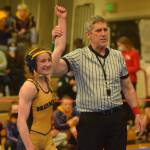Homer High School senior Sadie Blake wins the state wrestling championship in Chugiak, Alaska on Saturday, May 22, 2021. (Camille Botello / Peninsula Clarion)