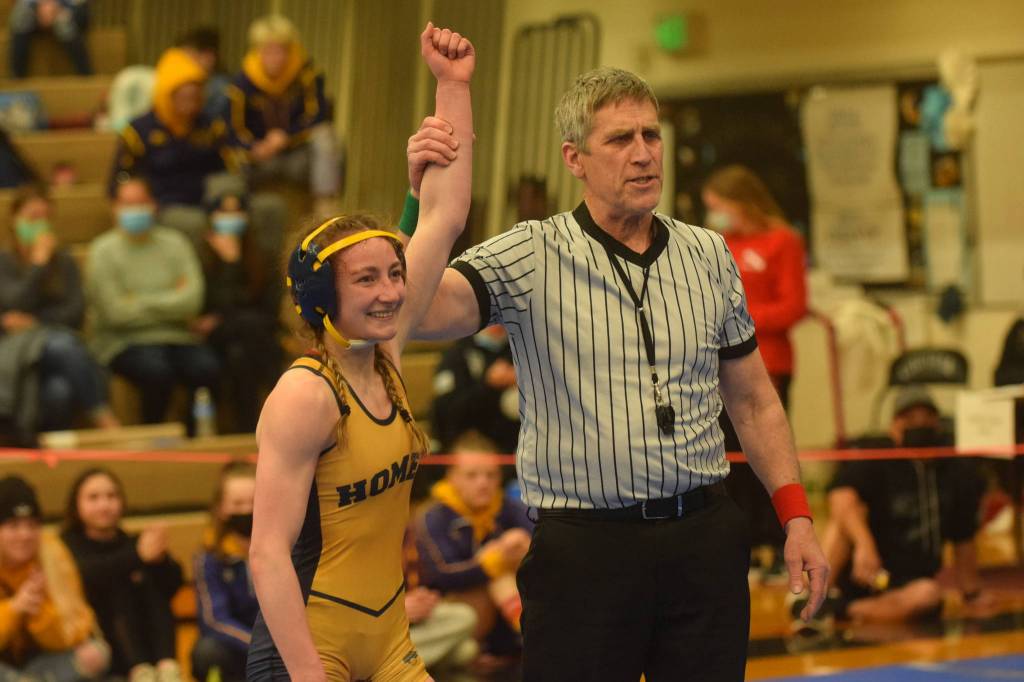 Homer High School senior Sadie Blake wins the state wrestling championship in Chugiak, Alaska on Saturday, May 22, 2021. (Camille Botello / Peninsula Clarion)