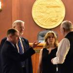 From left to right: Sens. Jesse Kiehl, D-Juneau; Gary Stevens, R-Kodiak; Mia Costello, R-Anchorage, and Bert Stedman, R-Sitka, speak on the floor of the Alaska Senate on Monday, May 24, 2021, the first day of one of two special sessions called by Gov. Mike Dunleavy. (Peter Segall / Juneau Empire)
