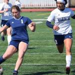 Soldotna's Rhys Cannava shoots on Homer's Debbie Weisser on Saturday, May 22, 2021, in the Peninsula Conference final at Kenai Central High School in Kenai, Alaska. (Photo by Jeff Helminiak/Peninsula Clarion)