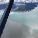 This photo taken by Beryl Air pilot Stephanie Greer on Friday, May 21, over Grewingk Glacier and Glacier Spit shows the mesodinium rubrum bloom to the left as contrasted with the normal ocean water of Kachemak Bay near Homer. (Photo courtesy of Stephanie Greer/Beryl Air)