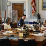 Rep. Neal Foster, D-Nome, at center, chairs the first meeting of a bicameral conference committee tasked with negotiating the states final budget bill in the Senate Finance Committee chambers on Wednesday, May 26, 2021. Lawmakers had said they wanted to finish before Memorial Day, but Foster said that didnt seem like a possibility. (Peter Segall / Juneau Empire)