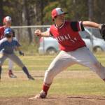 Kenai pitcher Gabe Smith delivers to Palmer on Thursday, May 27, 2021, at the Southcentral Conference tournament at the Soldotna Little League fields in Soldotna, Alaska. (Photo by Jeff Helminiak/Peninsula Clarion)