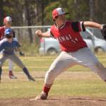 Kenai pitcher Gabe Smith delivers to Palmer on Thursday, May 27, 2021, at the Southcentral Conference tournament at the Soldotna Little League fields in Soldotna, Alaska. (Photo by Jeff Helminiak/Peninsula Clarion)