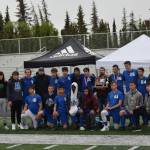 The Soldotna High School boys varsity soccer team wins second place at the state championship game in Anchorage, Alaska on Saturday, May 29, 2021. (Camille Botello / Peninsula Clarion)