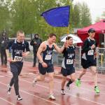 Soldotnas Eli Cravens, Zach Burns, Trenton OReagan and Avery Reid celebrate winning the 400-meter relay at the Division I state track and field meet at Dimond High School in Anchorage, Alaska, on Saturday, May 29, 2021. (Photo by Tim Rockey/Frontiersman)