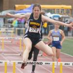 Homers Laura Inama wins the 300 hurdles at the Division II state track and field meet at Dimond High School in Anchorage, Alaska, on Saturday, May 29, 2021. (Photo by Tim Rockey/Frontiersman)