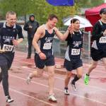 Soldotna's Eli Cravens, Zach Burns, Trenton O'Reagan and Avery Reid celebrate winning the 400-meter relay at the Division I state track and field meet at Dimond High School in Anchorage, Alaska, on Saturday, May 29, 2021. (Photo by Tim Rockey/Frontiersman)