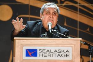 In this Juneau Empire file photo, Former Sen. Albert Kookesh, D-Angoon, tells his favorite Dr. Walter Soboleff stories during a celebration of Dr. Soboleff at the Walter Soboleff Center on Thursday, Nov. 14, 2019. (Michael Penn | Juneau Empire)
