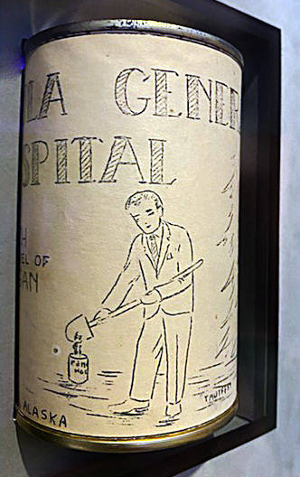 This can of dirt from the shovel of Alaska Gov. William A. Egan is a souvenir from the ceremonial groundbreaking for the hospital in Soldotna in September 1965. The label for the can, which is on display at Peninsula General Hospital, was designed by someone with the last name of Tautfest. (Photo provided by Peninsula General Hospital)