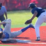 Soldotna third baseman Atticus Gibson gets the tag before Palmers Dylan Garrettson slides into third during Palmers 7-1 win over the Stars in the Division II state semifinals Friday, June 4, 2021, at Wasilla High School in Wasilla, Alaska. (Photo by Jeremiah Bartz/Frontiersman)