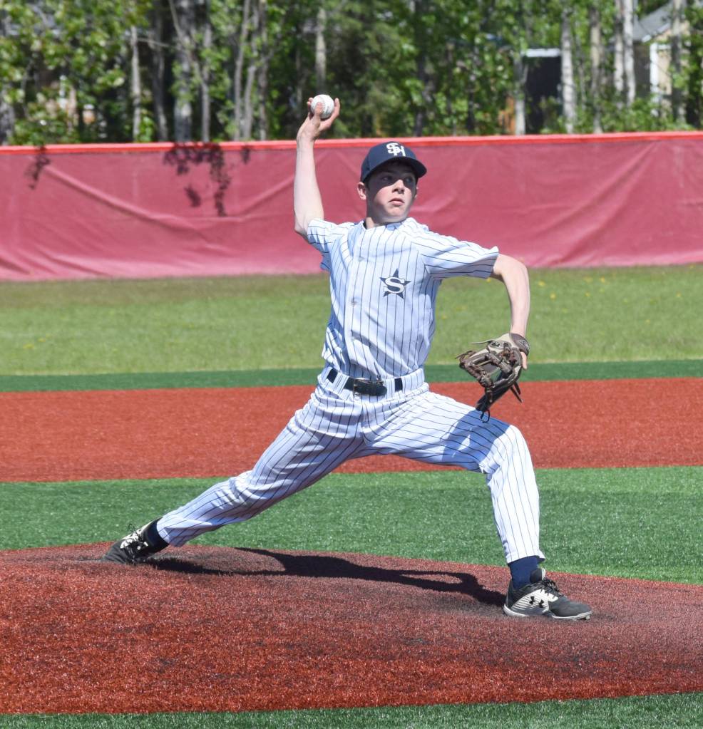 Soldotnas Derrick Jones sends a pitch at the Division II state baseball tournament in Wasilla, Alaska, on Saturday, June 5, 2021. (Camille Botello / Peninsula Clarion)