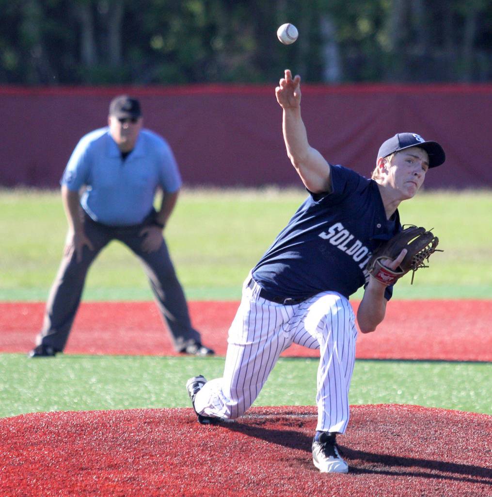 Soldotnas Josh Pieh fires a pitch during Palmers 7-1 win over the Stars in the Division II state semifinals Friday at Wasilla High. (Photo by Jeremiah Bartz/ Frontiers-man)