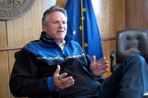 Alaska Gov. Mike Dunleavy gives an interview in the state Capitol on Monday, June 7, 2021, in Juneau, Alaska. The governor urged legislative action on his proposal for the dividend paid to residents from Alaskas oil-wealth fund. (AP Photo/Becky Bohrer)