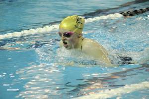 Sewards Lydia Jacoby swims the breaststroke in the girls 200 yard individual medley race Friday, Oct. 2, 2020 during a dual meet at the Kate Kuhns Aquatic Center in Homer, Alaska. (Photo by Megan Pacer/Homer News)