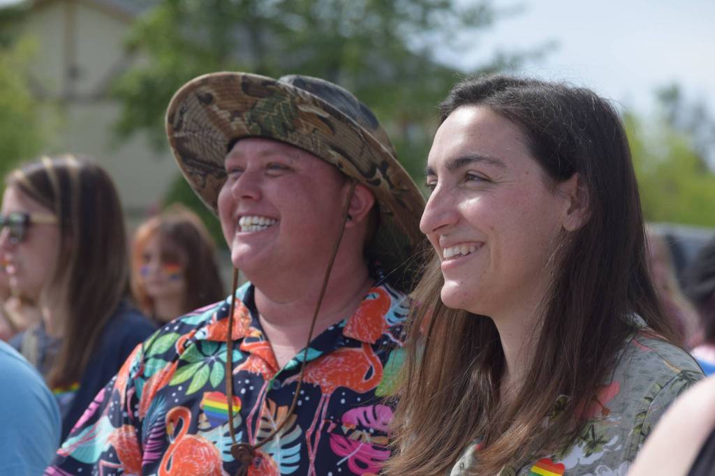 Participants celebrate Pride Month on Saturday, June 12, 2021. A group spanning the length of five blocks marched through downtown Soldotna, Alaska. (Camille Botello / Peninsula Clarion)