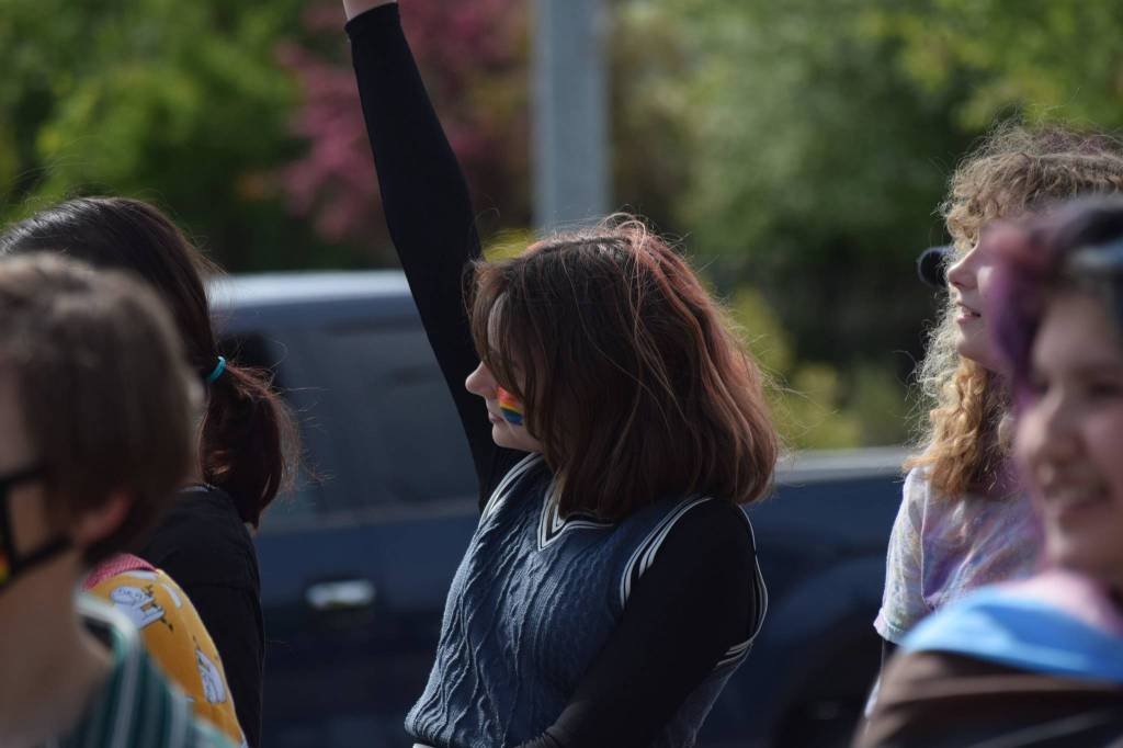 People attend the Pride March on Saturday, June 12, 2021. A group spanning the length of five blocks marched through downtown Soldotna, Alaska. (Camille Botello/Peninsula Clarion)