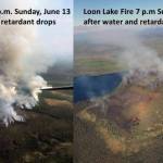 These two pictures of the Loon Lake Fire taken on Sunday, June 13, 2021, show the impact of water and retardant drops on the fire Sunday afternoon by aircraft. The photo on the left was taken at 3 p.m. prior to the aerial assault and the photo on the right was taken at 7 p.m. following the water and retardant drops. The red lines are retardant that was dropped around the fire. (Photos by Jason Jordet/Division of Forestry Air Attack)
