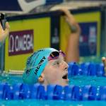 Lydia Jacoby reacts after winning her heat in the Womens 100 Breaststroke during wave 2 of the U.S. Olympic Swim Trials on Monday, June 14, 2021, in Omaha, Neb. (AP Photo/Jeff Roberson)