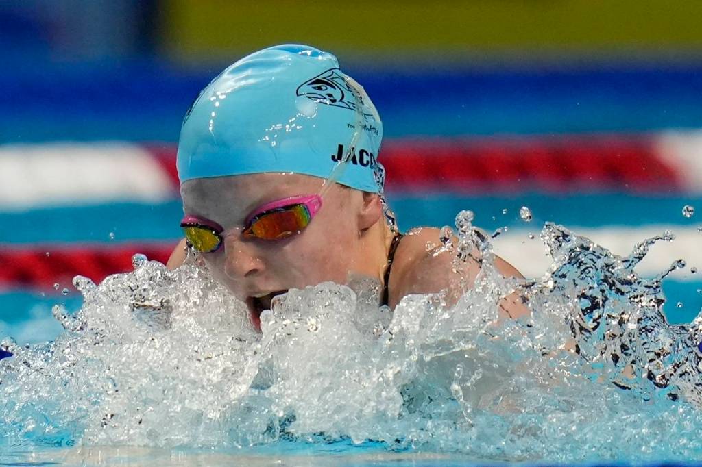 Lydia Jacoby participates in the Womens 100 Breaststroke during wave 2 of the U.S. Olympic Swim Trials on Monday, June 14, 2021, in Omaha, Neb. (AP Photo/Jeff Roberson)