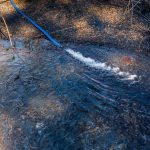 A hose helps pump water out of the basement of a home and into a culvert in the Lost Creek neighborhood, an area of Seward, Alaska, that has perennial flooding issues. (Young Kim for The Hechinger Report)