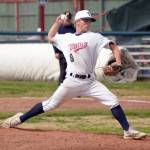 Twins starting pitcher Harrison Metz delivers to Service on Thursday, July 1, 2021, at Coral Seymour Memorial Park in Kenai, Alaska. (Photo by Jeff Helminiak/Peninsula Clarion)