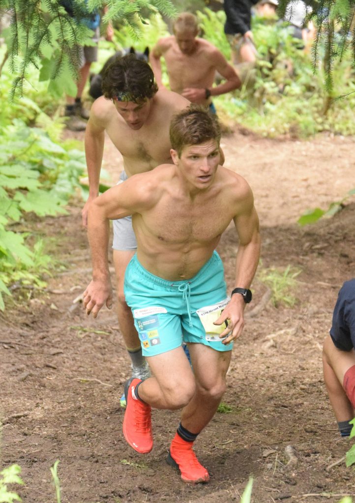 David Norris of Anchorage takes the early lead in winning the mens Mount Marathon Race on July 7, 2021, in Seward, Alaska. (Photo by Jeff Helminiak/Peninsula Clarion)