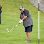 Palmer pro George Collum chips to the fourth green Monday, July 12, 2021, during the State Farm Pro and Skins Game at Birch Ridge Golf Course in Soldotna, Alaska. (Photo by Jeff Helminiak/Peninsula Clarion)