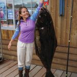 Lisa Stengel of Fort Lauderdale, Florida, weighs a halibut on Monday, July 12, 2021, at Coal Point Seafoods in Homer, Alaska, that she caught with a pole spear while free diving in Kachemak Bay. If verified, the 71.4-pound halibut would be the International Underwater Spearfishing Association world record for a Pacific halibut caught by a woman using a pole spear. (Photo by Michael Armstrong/Homer News)
