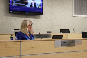 Penny Vadla speaks at a meeting of the Kenai Peninsula Borough School District Board of Education on Monday, July 12, 2021 in Soldotna, Alaska. (Ashlyn OHara/Peninsula Clarion)