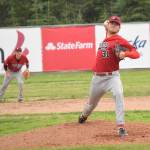 Oilers starting pitcher Luke Yacinich delivers to the Anchorage Glacier Pilots on Friday, July 23, 2021, at Coral Seymour Memorial Park in Kenai, Alaska. (Photo by Jeff Helminiak/Peninsula Clarion)
