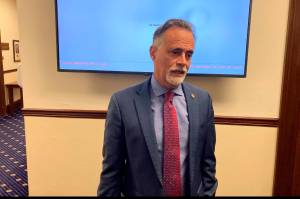 Alaska Senate President Peter Micciche speaks to reporters after a Senate floor session on the opening day of the second special legislative session on Wednesday, June 23, 2021, in Juneau, Alaska. Gov. Mike Dunleavy called the special session to address the budget. (AP Photo/Becky Bohrer)