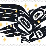 In this image provided by the United States Postal Service is the new Raven Story postage stamp created by Rico Worl. Alaska Native artist Rico Worl says he was excited for the chance to create for the U.S. Postal Service a stamp that he hopes will be a gateway for people to learn about his Tlingit culture. A ceremony marking the release of Worls Raven Story stamp is set for Friday, July 30, 2021, in Juneau, Alaska. The Sealaska Heritage Institute says this is the first stamp by a Tlingit artist. (USPS via AP)