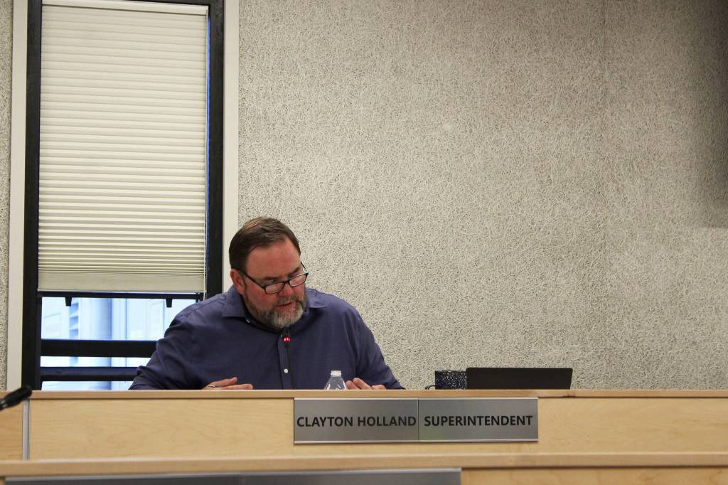 Kenai Peninsula Borough School District Superintendent Clayton Holland speaks during a meeting of the Kenai Peninsula Borough Board of Education on Monday, Aug. 2, 2021 in Soldotna, Alaska. (Ashlyn OHara/Peninsula Clarion)
