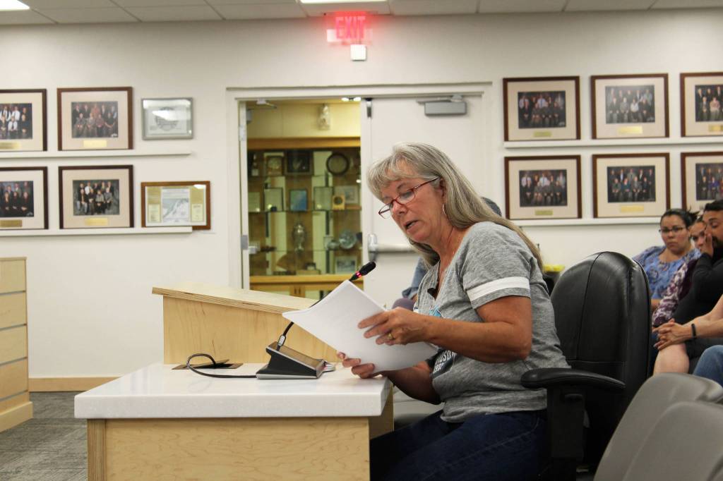 April Orth, who opposes universal masking in schools, testifies before the Kenai Peninsula Borough School District Board of Education on Monday, Aug. 2, 2021 in Soldotna, Alaska. (Ashlyn OHara/Peninsula Clarion)