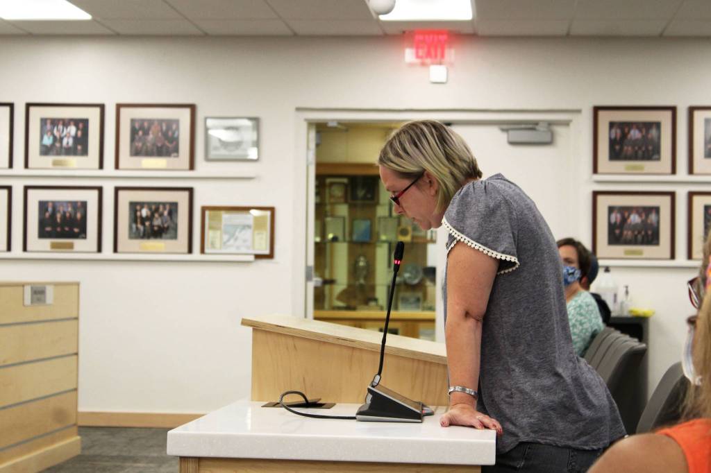 Parent Nicole Darwin testifies before the Kenai Peninsula Borough School District Board of Education on Monday, Aug. 2, 2021 in Soldotna, Alaska. Darwin testified in opposition to universal masking. (Ashlyn OHara/Peninsula Clarion)
