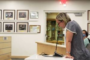 Parent Nicole Darwin testifies before the Kenai Peninsula Borough School District Board of Education on Monday, Aug. 2, 2021 in Soldotna, Alaska. Darwin testified in opposition to universal masking. (Ashlyn O'Hara/Peninsula Clarion)