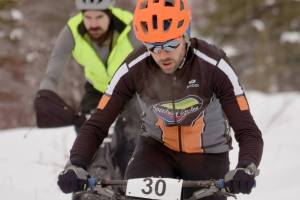 Chaz DiMarzio of Seward rides near the start of the Fat Freddieճ Bike Race and Ramble on Saturday, Feb. 9, 2019, in the Caribou Hills near Freddieճ Roadhouse. (Photo by Jeff Helminiak/Peninsula Clarion)