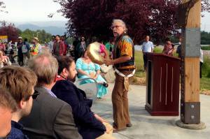 Joaqlin Estus / Indian Country Today
Athabascan singer and storyteller George Holly performs at the unveiling of a place-name marker at Chanshtnu, or grassy creek, the Denaina Athabascan name for Westchester Lagoon, on Aug. 3 in Anchorage.